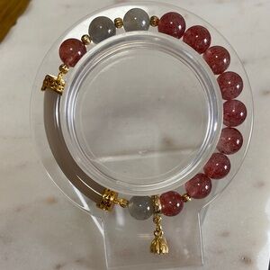 Gold Charm Strawberry Quartz and Gray Bead Stretch Bracelet